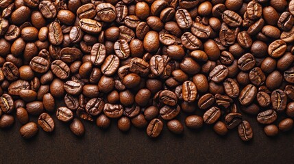 Naklejka premium Richly roasted coffee beans scattered on a dark surface, showcasing their texture and color, Ideal for coffee-related advertising, websites, blogs, and culinary projects,