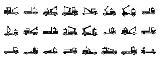 Rescue tow truck icons set. Tow truck evacuation is transporting broken cars icon set in simple style