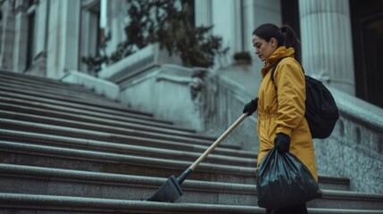 Woman Sweeping Stone Steps with Broom and Trash Bag