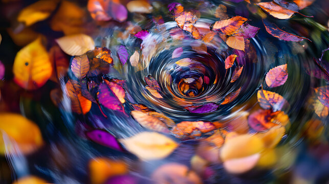 A whirlpool of leaves and petals, swirling in the wind, creating a hypnotic, colorful spiral