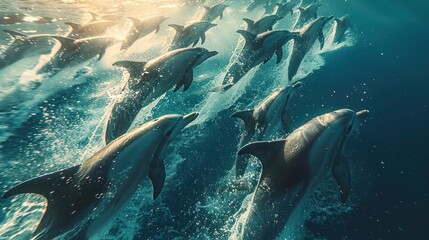 Group of wild bottlenose dolphins playing beneath the sea surface in crystal clear water. Perfect for marine wildlife, underwater scenes, ocean life, and aquatic-themed visuals