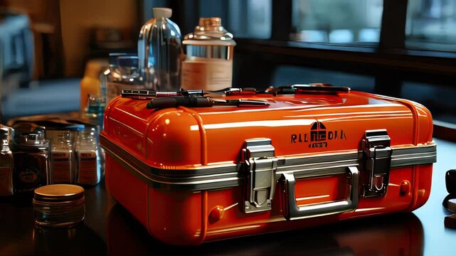 Doctor's red medical first aid kit for treating wounds and providing first emergency emergency aid during emergencies