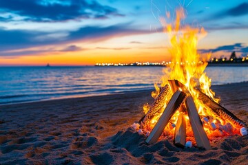 A beach bonfire at sunset, with friends gathered around, roasting marshmallows and enjoying the warm evening