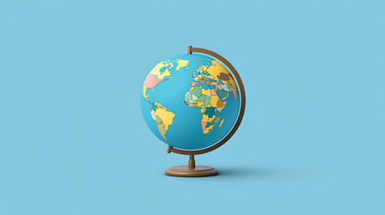Fototapeta premium A 3D rendering of a world globe with a wooden stand against a light blue background.