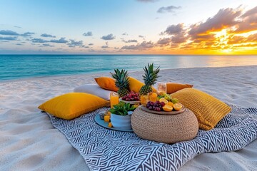A boho-style beach picnic, with pillows, blankets, and tropical fruits set up for a summer sunset gathering