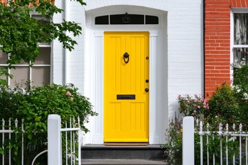 A bright yellow door on a charming house, creating a welcoming and happy vibe