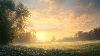 Fototapeta premium Golden Sunrise Over a Meadow with Trees and Fog