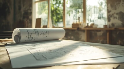 A blueprint rolled on a table with sunlight filtering through the windows.