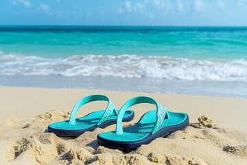 A close-up of flip-flops in the sand, with the ocean gently lapping at the shore in the background