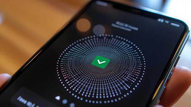 Face ID Log in Scan Smartphone Face ID Scan A close-up of a smartphone screen displaying the process of a Face ID scan The screen shows a circular grid pattern with light lines ind