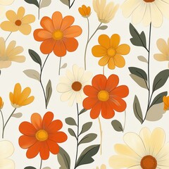 Obraz premium A vibrant floral pattern featuring orange, yellow, and white flowers against a light background, perfect for use in textiles, wallpapers, or stationery designs