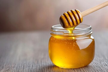 A jar of honey with a wooden dipper, symbolizing natural sweetness and warmth