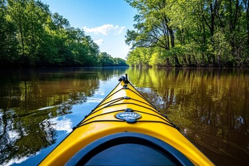 Fototapeta premium A kayak paddling through a peaceful river, with trees reflecting in the calm water under the summer sun