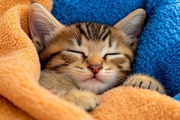 Naklejka premium A kitten snuggled up in a soft blanket, symbolizing sweet dreams and comfort