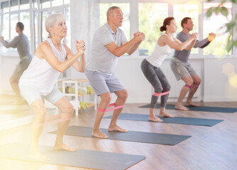 Fototapeta premium During training, woman applies complication of exercise, squats with limiter, rubber band, on her legs. Concept of active lifestyle, physical activity