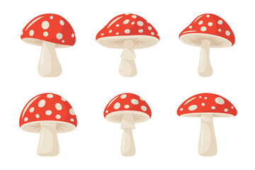 Vector Colorful Flat Fly Agaric Illustration Set. Red Caps with White Spots. Mushroom Icons for Nature, Forest, Fly Agaric Designs. Vector Mushroom Illustration Collection. Fly Agaric Art