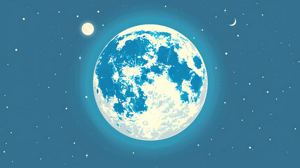 Naklejka premium A full moon glowing in the night sky with a crescent moon, stars, and a small planet in the distance.