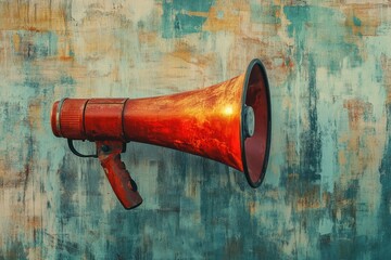 Vintage Red Megaphone Against a Teal and Brown Textured Wall