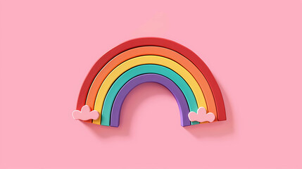 A colorful rainbow with clouds sits on a pink background.