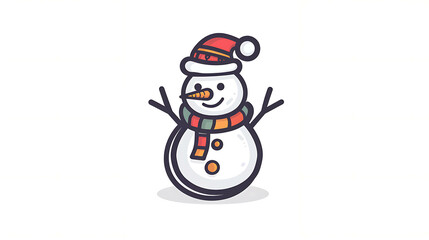 A cute snowman wearing a red hat and a scarf with a carrot nose and smiling.