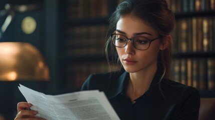 A Young Woman in Glasses Reads a Document in a Library