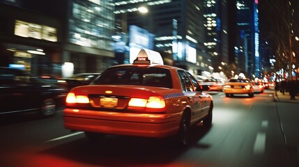 Fototapeta premium A vibrant taxi drives through a bustling city street surrounded by illuminated buildings on a lively evening