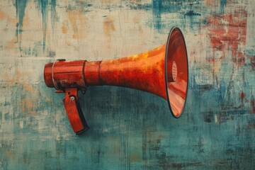 An orange megaphone mounted on a textured wall.