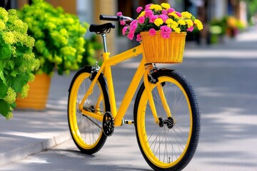Fototapeta premium A yellow bicycle with a basket of flowers, parked next to a sunny street, creating a fun and lively scene