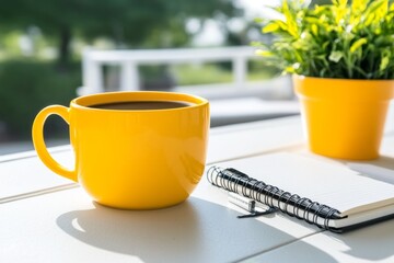 A yellow cup of coffee on a sunny patio, with a notebook and pen, symbolizing peaceful and cheerful productivity