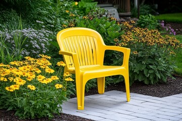 Obraz premium A yellow garden chair surrounded by flowers, inviting relaxation and enjoyment of nature in a peaceful, sunny garden