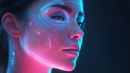 Obraz premium Close-up of a face with pink and blue digital charts glowing against a smooth futuristic background with soft neon lighting. Futuristic cosmetology and advanced digital beauty technologies. AI.