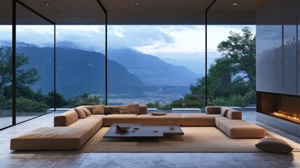 Fototapeta premium Contemporary living room with modular sofas, glass walls, and a stunning view