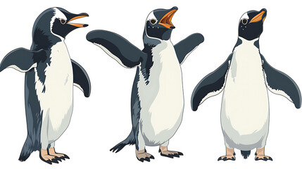 Three penguins, one with wings outstretched and two standing upright with one's beak open.