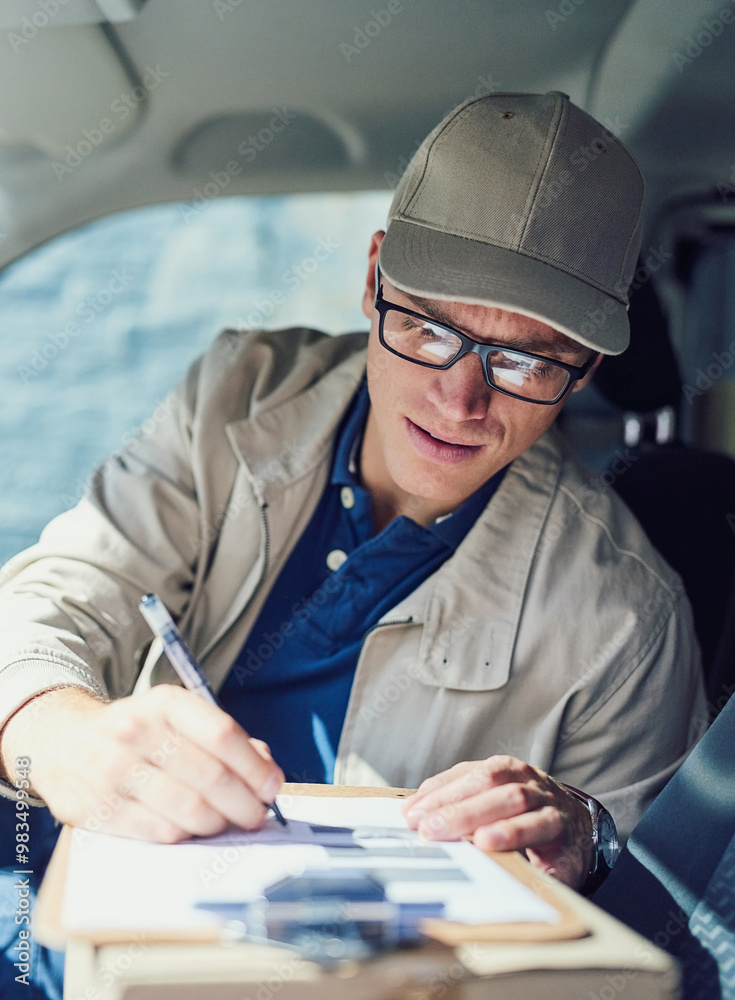 Poster writing, courier service and delivery man in vehicle with clipboard, check and order for shipping. m