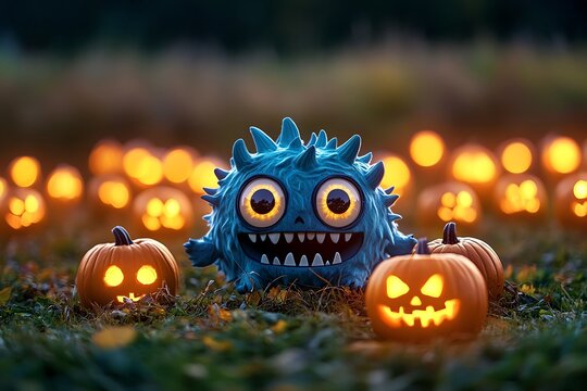 Spoopy eyeball monster with a friendly face, bouncing around in a field of glowing pumpkins