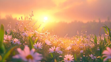Naklejka premium A Field of Daisies Bathed in the Warm Glow of Sunset