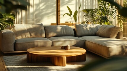 Cozy sectional sofa in a sun-drenched living area with natural textures