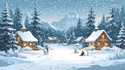 Naklejka premium A serene winter scene featuring several cozy log cabins nestled among tall snow-covered pine trees.