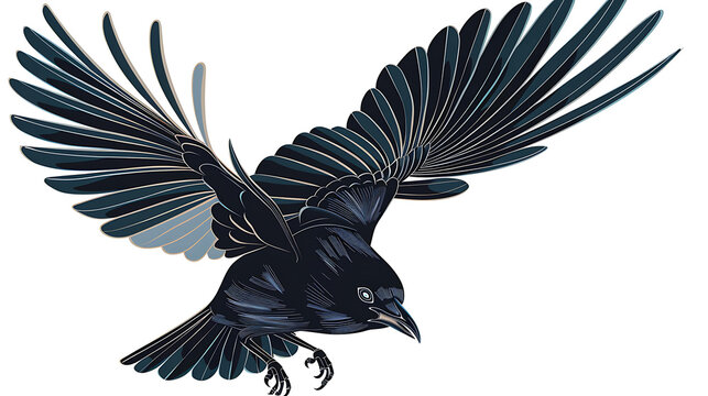 A black crow in flight with outstretched wings, isolated on a white background.