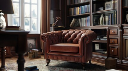 Elegant, tufted leather armchair in a cozy, traditional-style study