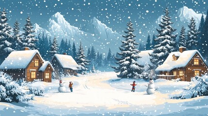 Fototapeta premium A serene winter scene featuring several cozy log cabins nestled among tall snow-covered pine trees.