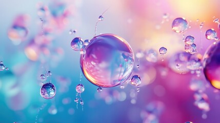 Close-up of abstract bubbles on a blurred colorful background. The concept of futuristic skincare and beauty innovation. AI.