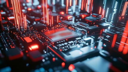 3D rendering of cyberpunk AI featuring intricate circuit board design, showcasing central computer processors CPU and GPU concepts on a motherboard in a technology science background