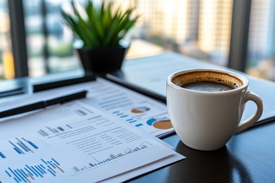 Business plan documents and coffee cup on a desk, symbolizing early mornings and focused strategy sessions
