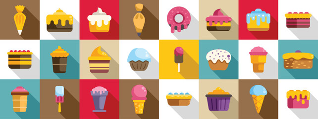 Frosting topping icons set. Pastry icons set featuring various types of cakes, cupcakes, ice cream and a pastry bag