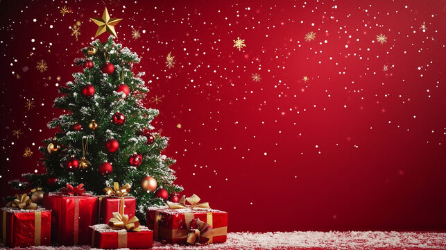 christmas tree and gifts and decoration with snow on red background