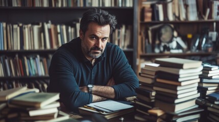 Man with a thoughtful expression sitting in a library with books surrounding him