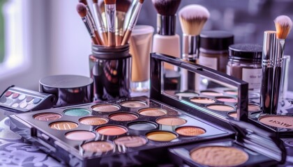 Chic and stylish makeup products meticulously organized on a vanity for a glamorous appearance