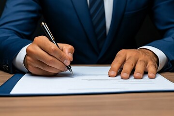 Close-up of a business owner signing a contract, with documents and a pen on the table