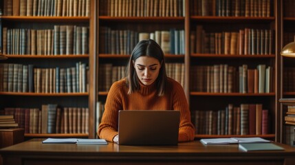 Woman in Orange Sweater Working on Laptop in a Library